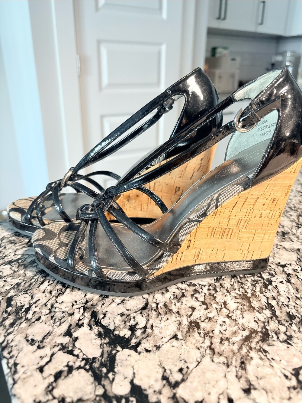Coach Black Patent Leather Cork Wedge Sandals - Picture 5 of 6